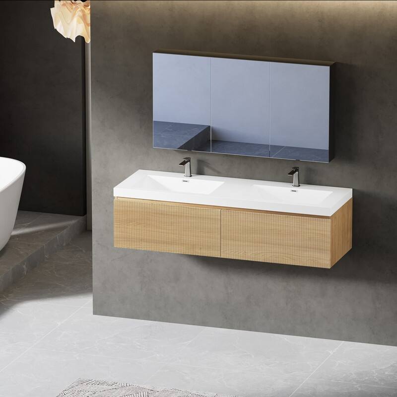 ABRUZZO Floating Vanity with Integrated Top Sink Soft-Close Wall-Mount Bathroom Cabinet - 60" - Natural Oak