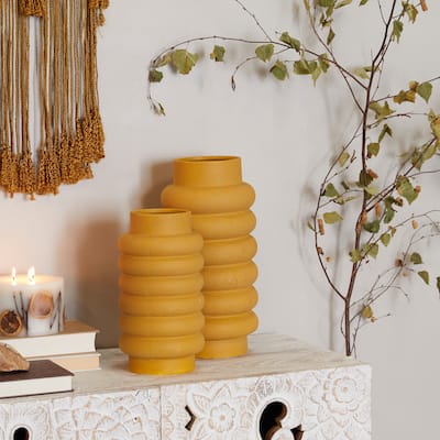 CosmoLiving by Cosmopolitan Ceramic Vases with Eye-Catching Ring Ribbing (Set of 2) - Yellow, White, Dark Blue