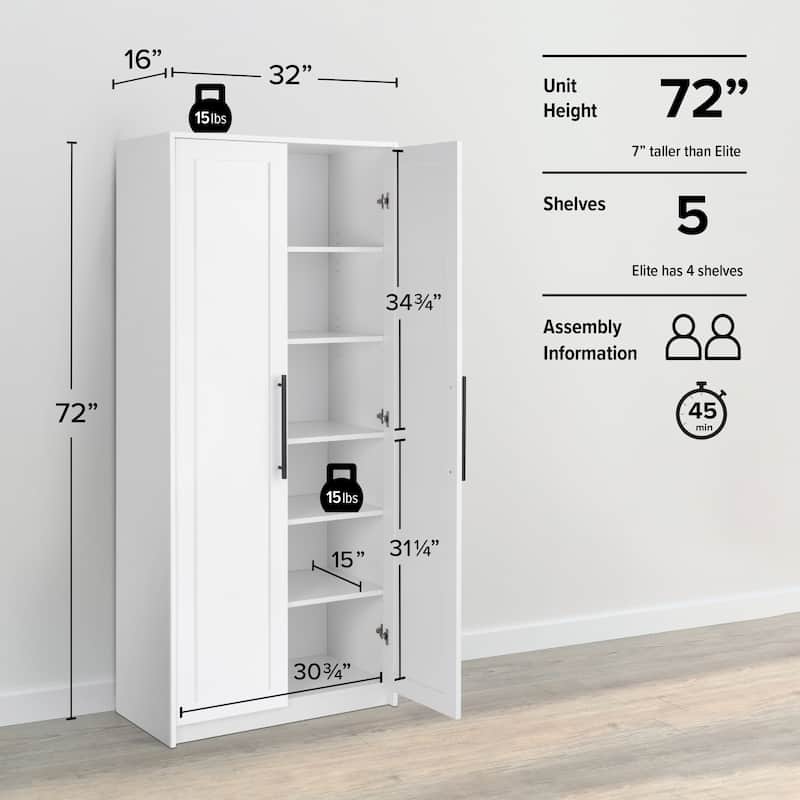 Prepac Elite Premium Home Storage Cabinet with Panel Doors 16" D x 32" W x 72" H - 32 in W x 72 in H x 16 in D