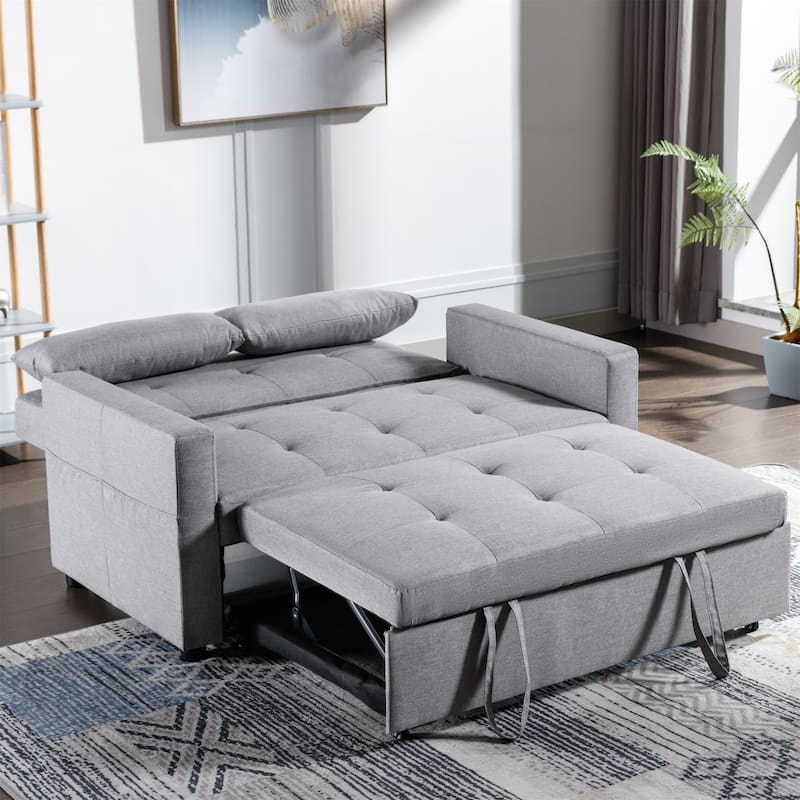 Linen Fabric 3-in-1 Convertible Sleeper Loveseat with Side Pocket