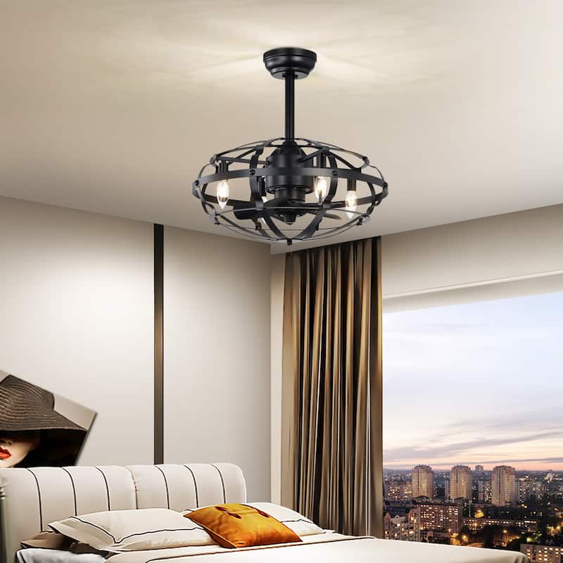 18" Industrial Ceiling Fan Light Kit for Living Room Bedroom Kitchen and Bladeless Caged Ceiling Fan with Lights - 18 Inches