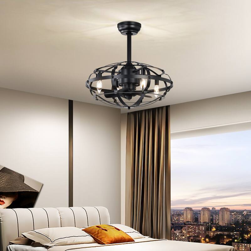 20" Industrial Ceiling Fan Light Kit for Living Room Bedroom Kitchen and Bladeless Caged Ceiling Fan with Lights - 20 Inches