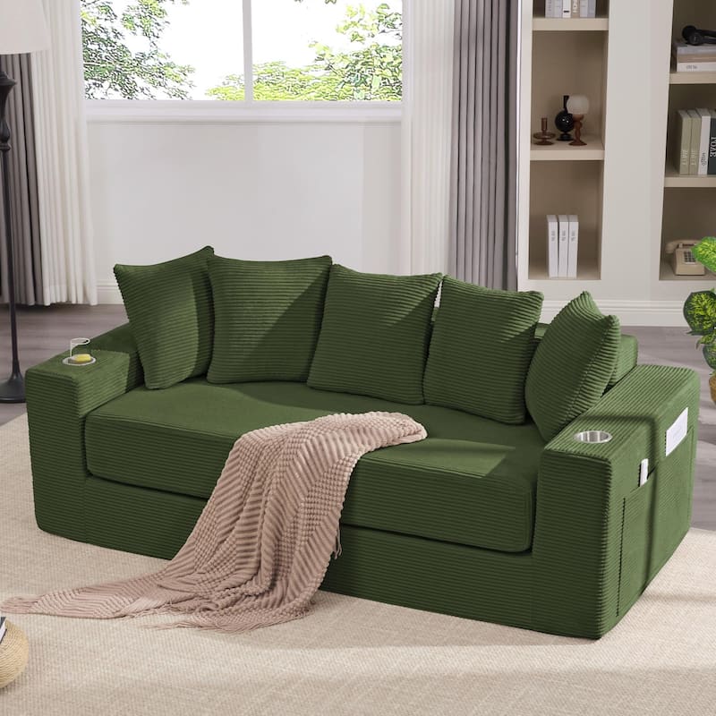 Convertible Corduroy Sleeper Loveseat Sofa Bed 3 Seater Floor Folding Couch with 5 Pillows, Cup Holders and Side Pockets