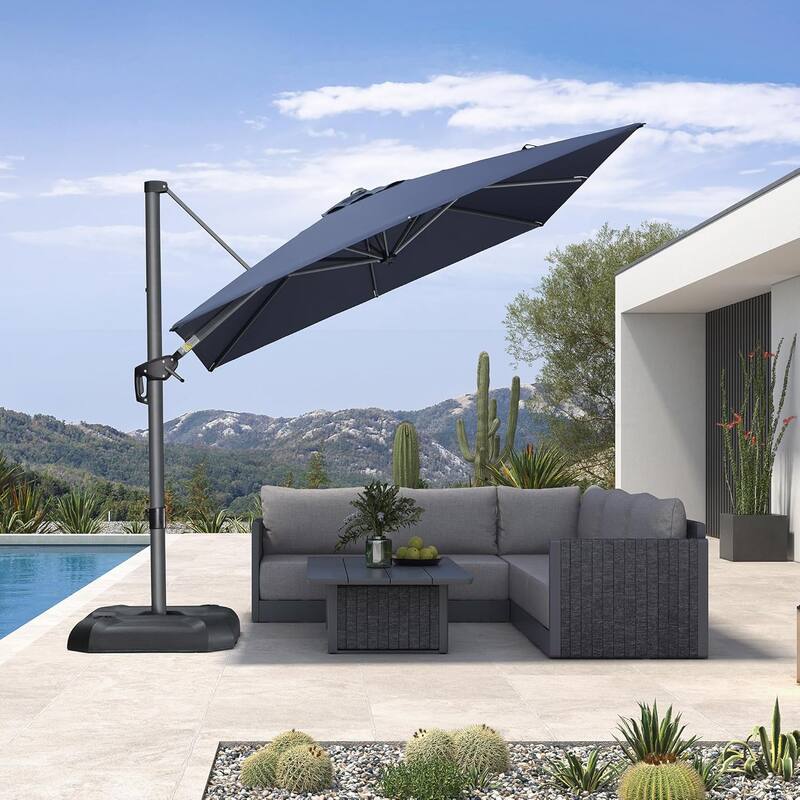 PURPLE LEAF 8 ft 360 Degree Rotation Patio Umbrella With Base - Navy Blue