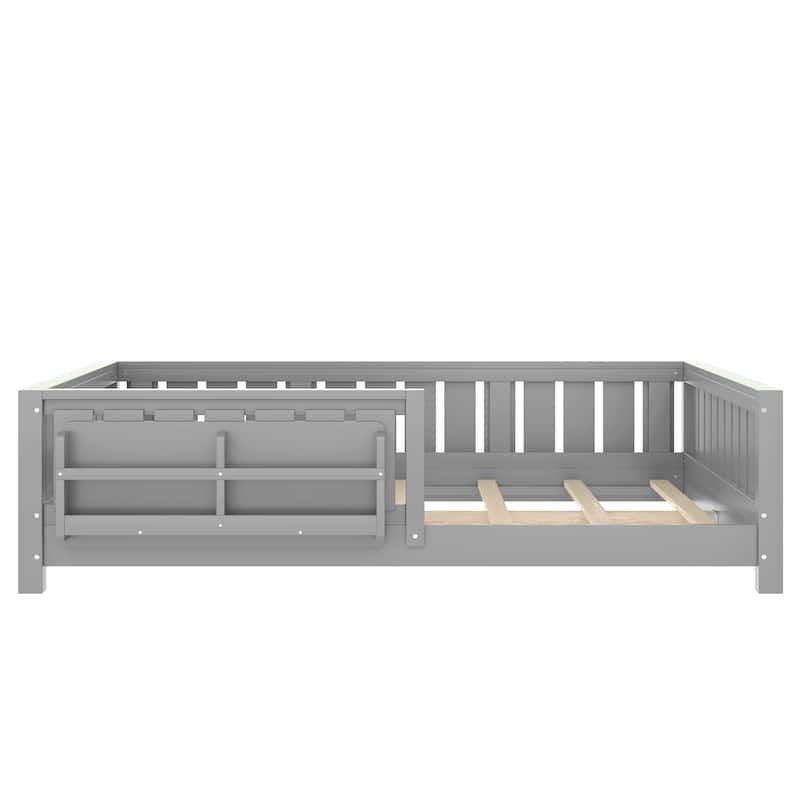Low Profile Montessori Bed Floor Platform Bed with Fence and Bookshelf