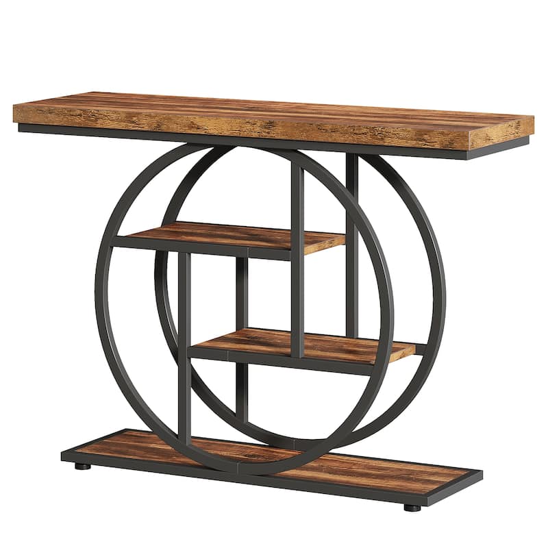 41.3"Industrial Console Table, 4-Tier Sofa Table with Unique Circle Metal Frame & Storage Shelves, Narrow Entryway Accent Table