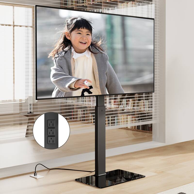 FITUEYES Black Metal Base Floor TV Stand for TVs up to 70 inch with Power Strip Mount and Swivel - Black