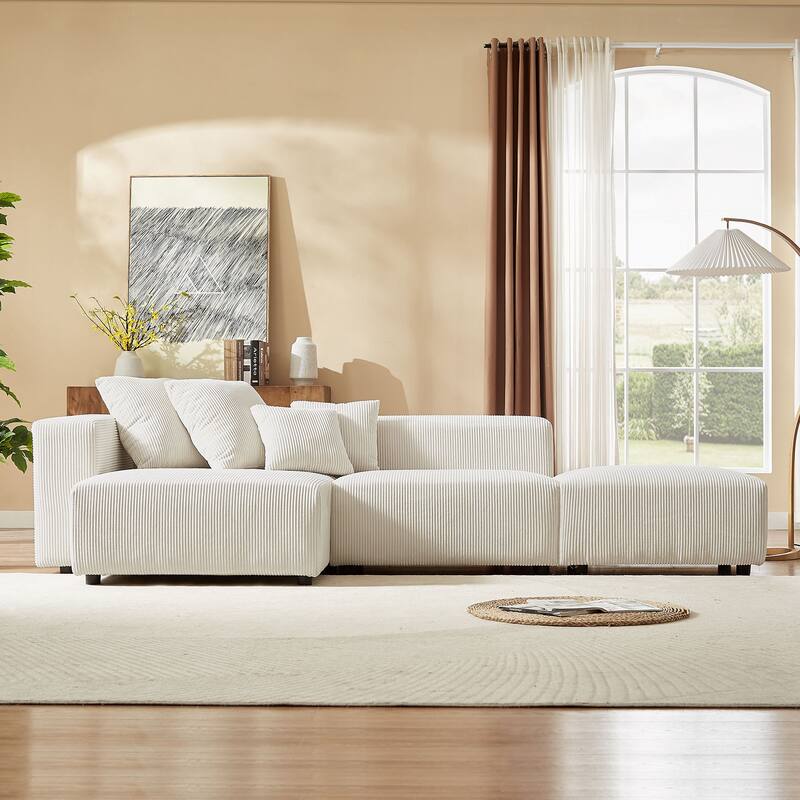 Modular Soft Corduroy Sectional Sofa Set with 4 Pillows, Living Room L-Shape Chaise Sofa Set with Armless Chair and Ottoman - Beige