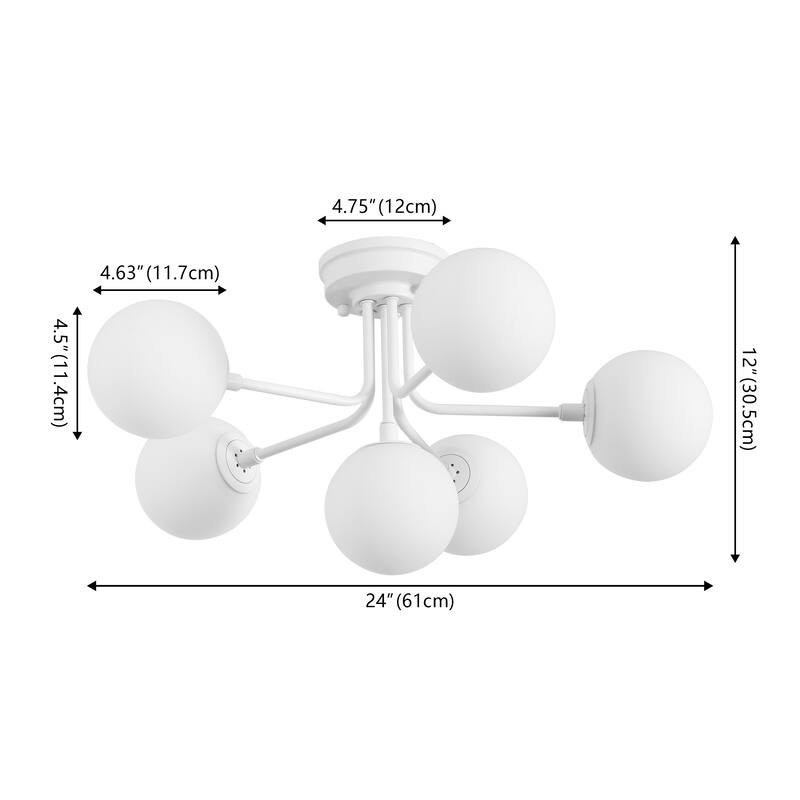 24" 6-Light Globe Modern Industrial Iron Bistro LED Semi Flush Mount, By JONATHAN Y