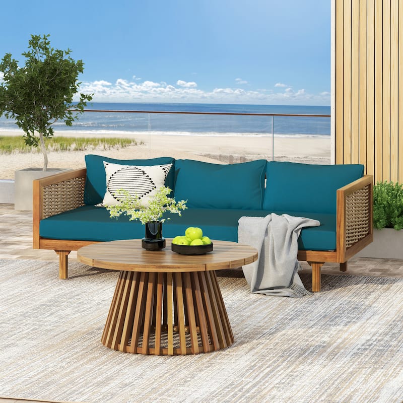 Christopher Knight Home - Claremont 3-Seater Daybed + Acacia Wood Table Patio Furniture Set - Dark Teal Cushion+Mix Brown Wicker