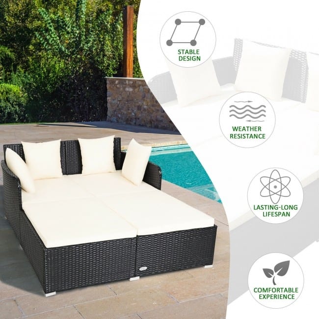 Outdoor Rattan Daybed with Cushions for Patio Garden Lounge Seating