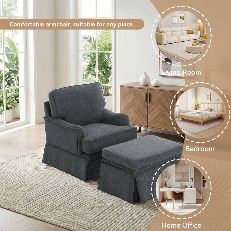 Chenille Swivel Accent Chair Storage Ottoman Set with Nailhead Trim Skirt