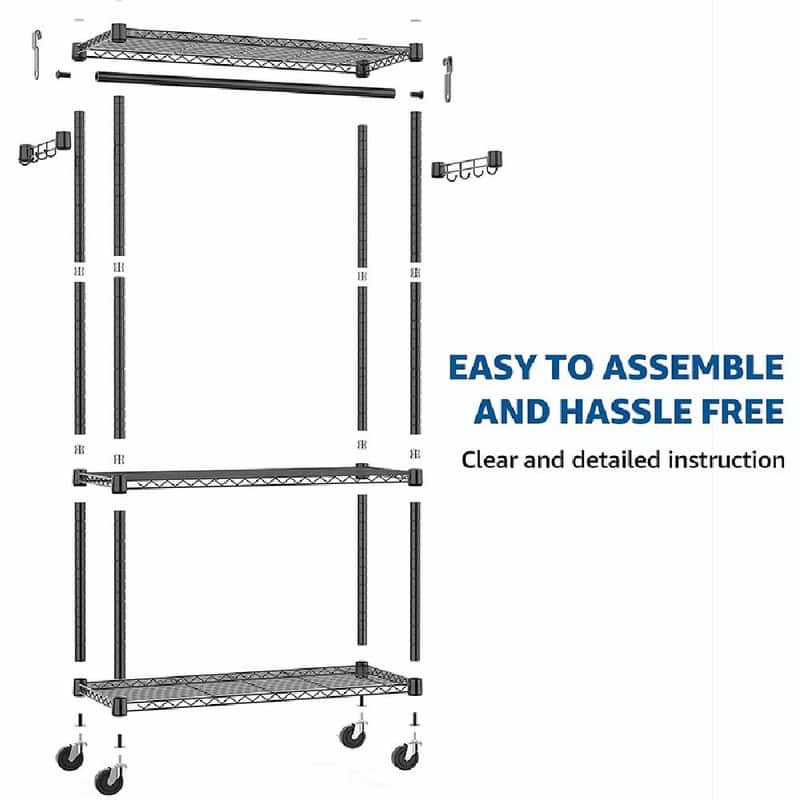 Heavy Duty Rolling Garment Rack with Wheels, 3-Tier Adjustable Wire Shelving, Clothes Rack with Rods & Side Hooks