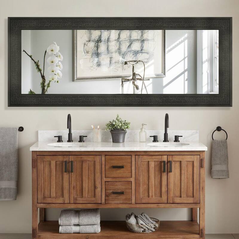 Faux Wooden Frame Rattan Farmhouse Style Rectangle Wall Mirror