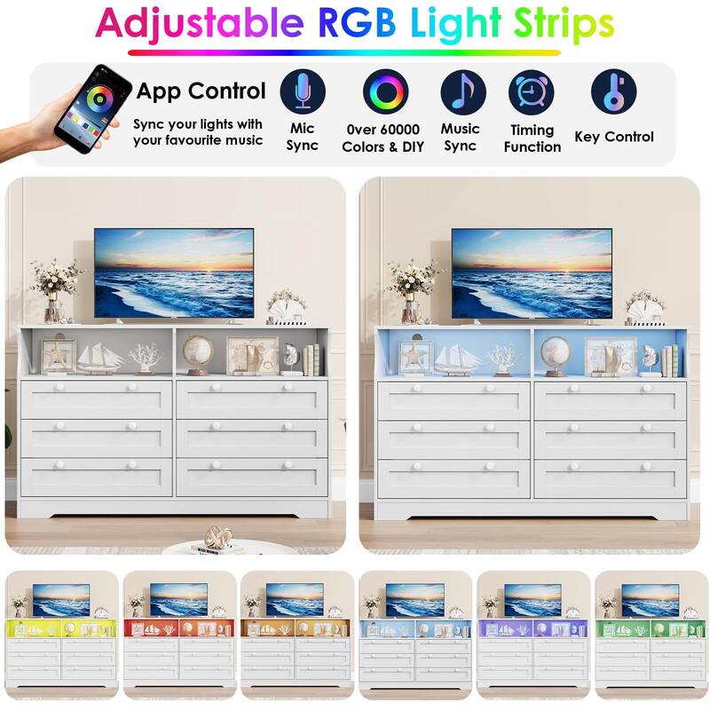 6 Drawer Dresser for Bedroom, 55" Wood Chest of Drawers with Charging Station, LED Lights and 2 Storage Compartments