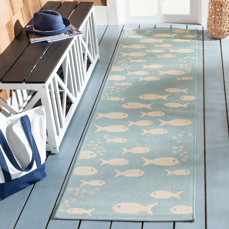 SAFAVIEH Courtyard Illa Indoor/ Outdoor Waterproof Patio Backyard Rug - 2'3" x 12' Runner - Aqua/Beige