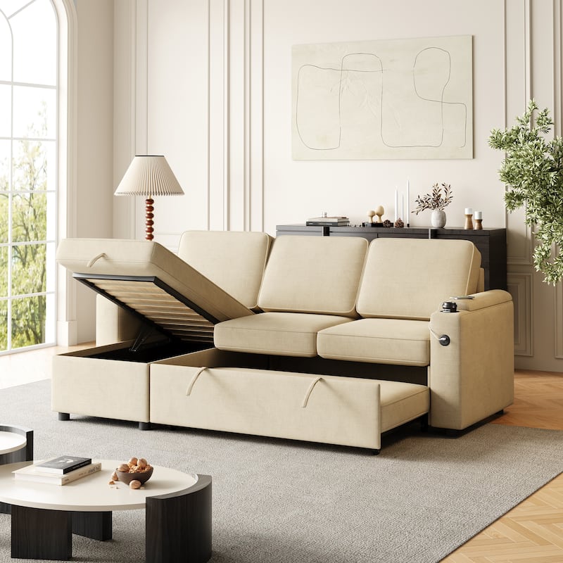 85.8" Sleeper Sectional Sofa with Storage Chaise, Armrest, Charging Port
