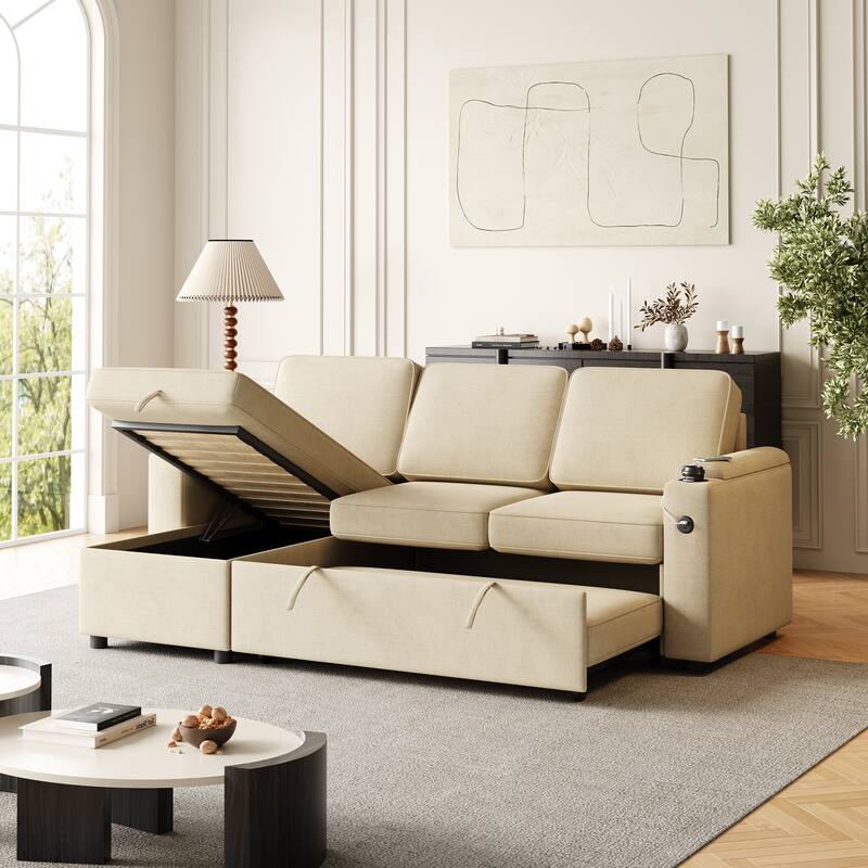 Sleeper Sofa with Storage, Cup Holder and USB Charging Port,Couch with Pull Out Bed, Daybed for Living Room Bedroom