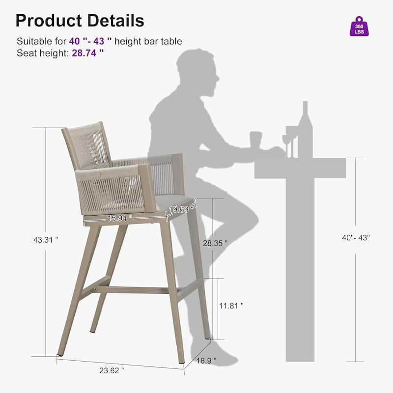 PURPLE LEAF Outdoor Bar Stools Chair Set of 2, All Weather Rattan and Aluminum Patio Bar Stool with Cushion
