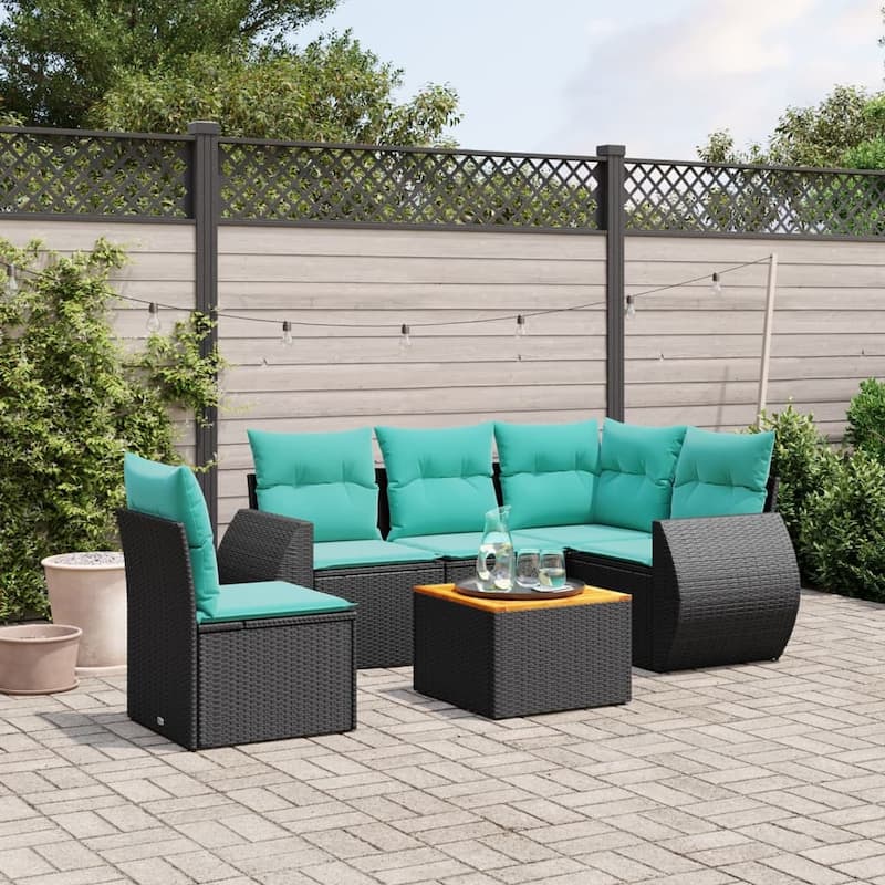 vidaXL 6 Piece Patio Sofa Set with Cushions Black Poly Rattan - 24.4 x 24.4 x 27.2 - Black-corner + Table + 2x middle