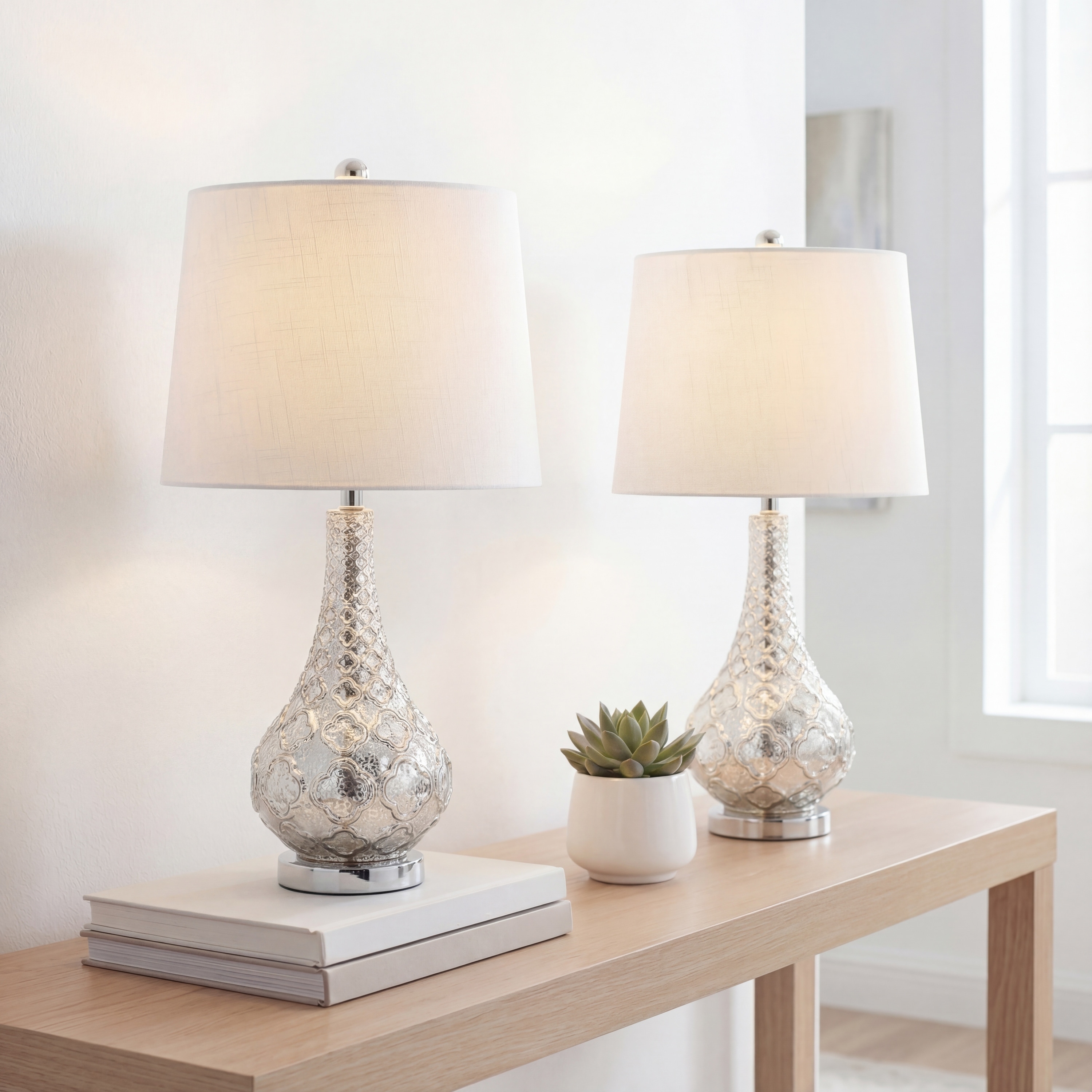 JONATHAN Y Jane 25.5" Glass LED Table Lamp, Mercury Silver (Set of 2)