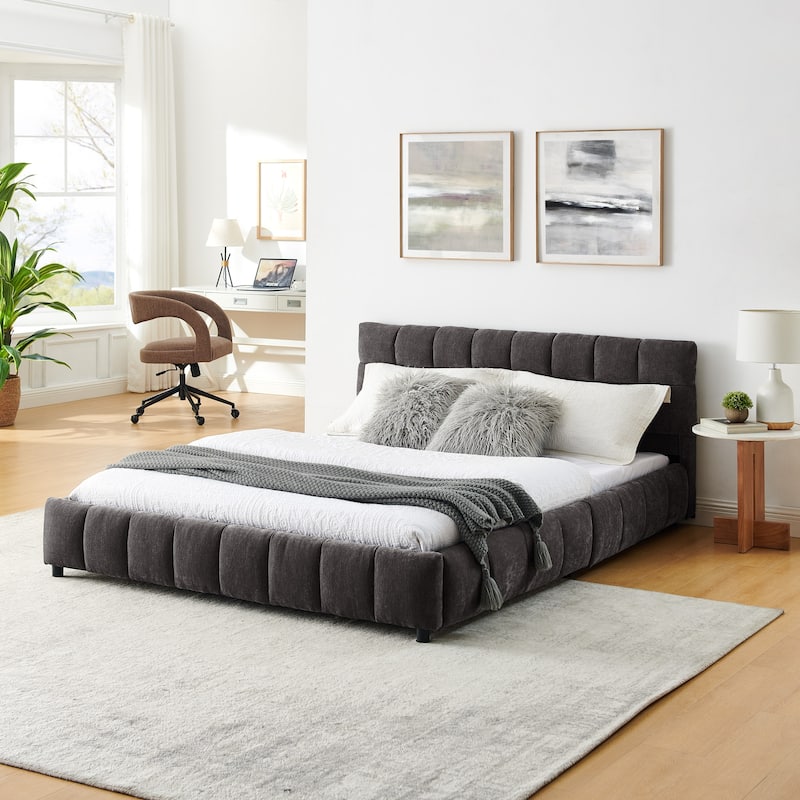 Block Thick Chenille Low Profile Platform Bed Fabric Upholstered Bedframe with Headboard Solid Wood Frame - Optional Storage Bed