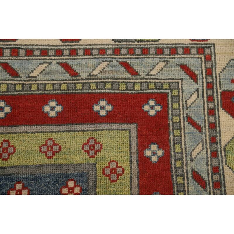 Geometric Kazak Area Rug Hand-Knotted Multi-Color Wool Carpet - 5'11" x 9'2"
