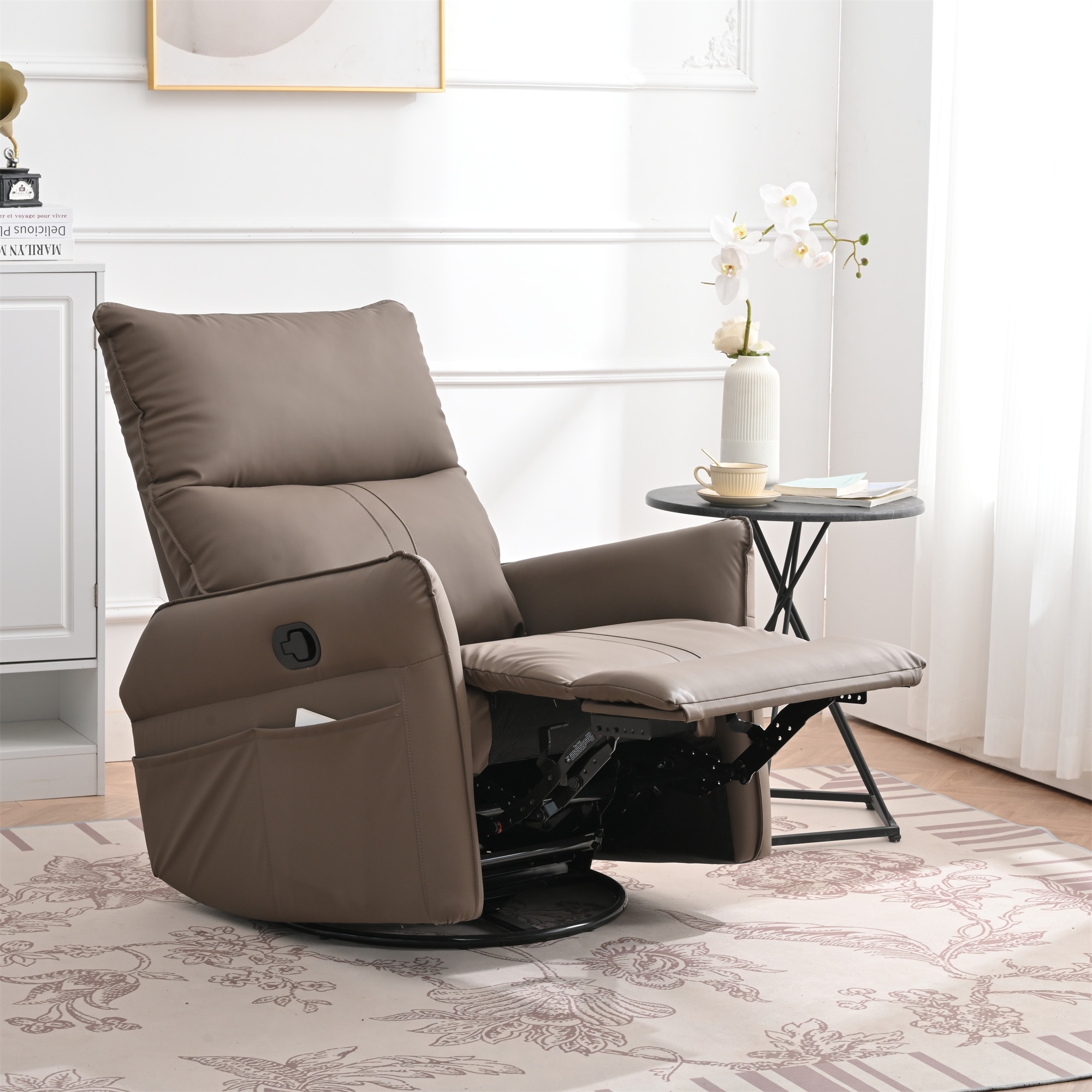PU Rocking Recliner Chair, 360 Swivel Nursery Rocking Chair, Rocking Swivel Recliner Chair for Bedroom, Side Pocket