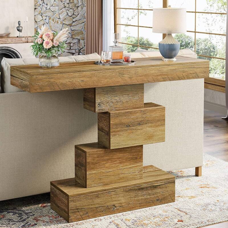Modern 42-Inch Sofa Table with Rustic Wood Grain Finish and Geometric Base for Hallway or Living Room