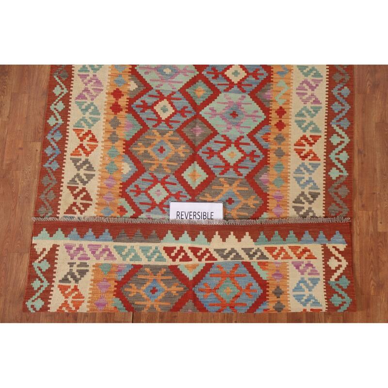 Hand Woven Oriental 100% Wool Carpet Southwestern Geometric Red Kilim Area Rug - 6' 3'' X 4' 11''