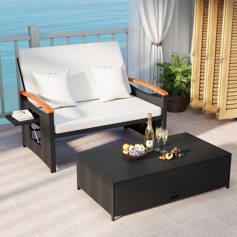 Gymax Patio Rattan Daybed Set w/Cushioned Loveseat & Storage Ottoman
