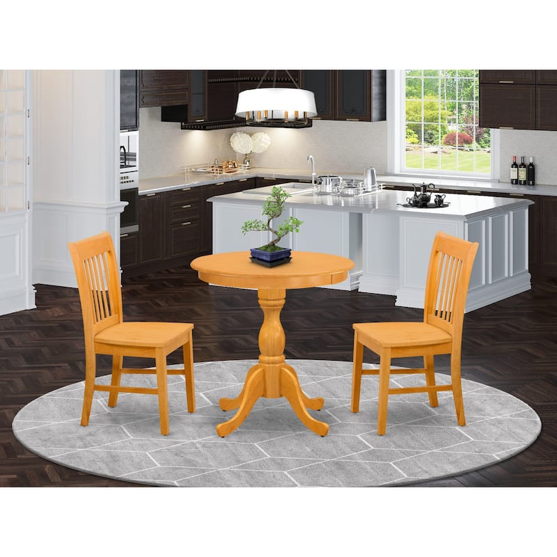 East West Furniture 3 Piece Modern Dining Table Set- a Round Wooden Table and 2 Dining Chairs, (Seat & Finish Options) - ESNF3-OAK-W