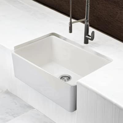 24" White Fireclay Ceramic Sink - Apron Front Single Basin with Grid