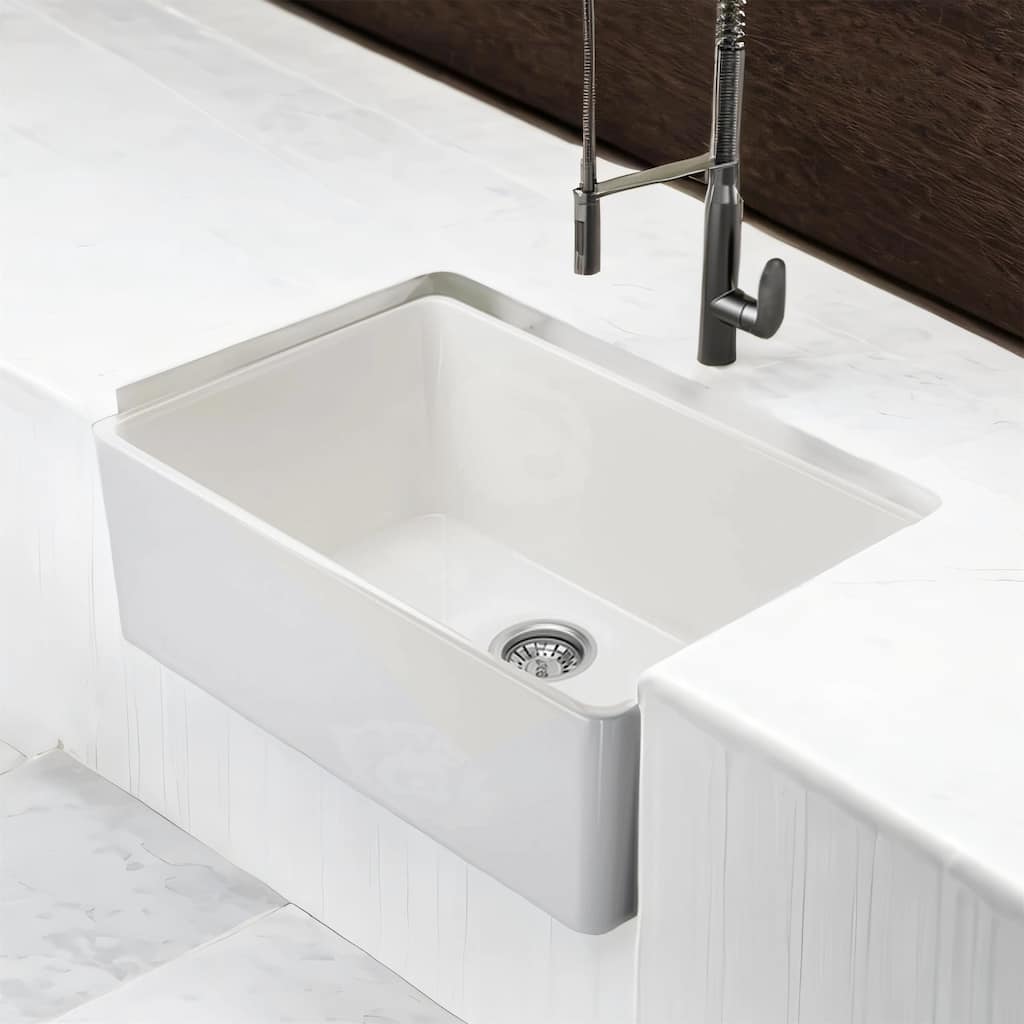 24" White Fireclay Ceramic Sink - Apron Front Single Basin with Grid
