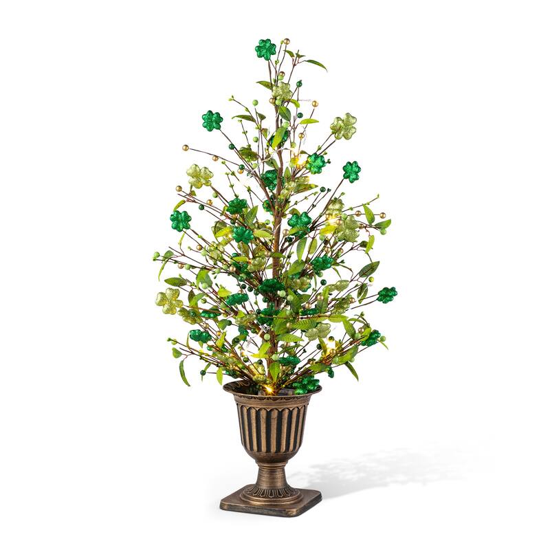 Glitzhome 36"H LED Lightd St. Patrick's Shamrock Urn Porch Tree with Timer