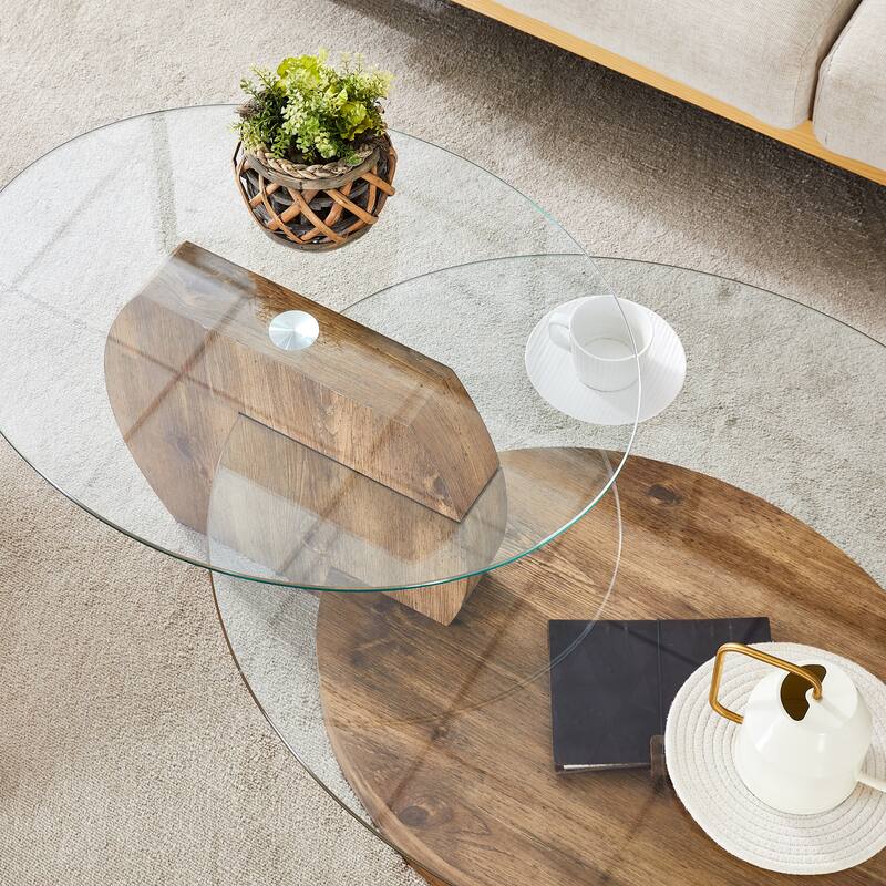 Modern Round Glass Coffee Table w/ Wood Base, 3 Tier Round Coffee Table, Clear Cocktail Table w/ Storage for Home Office