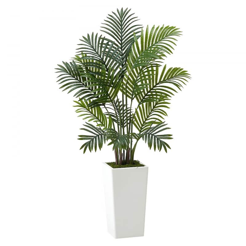 Green Lifelike Faux Areca Palm Tree with Moss-Covered Planter for Indoor Plant Decoration
