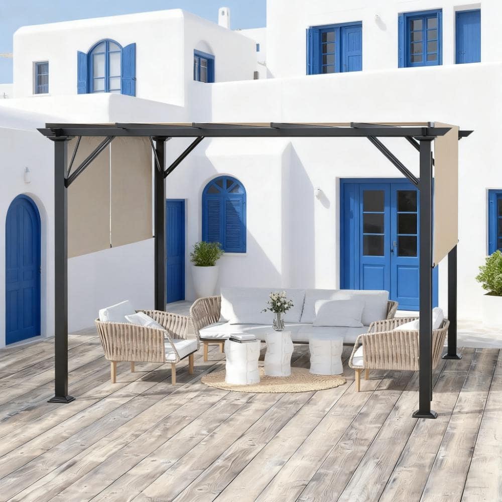 GDFStudio - 12' x 10' Outdoor Metal Pergola with Retractable Canopy, Steel Frame Patio Shade Shelter & Fabric Roof