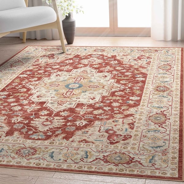 slide 2 of 16, Well Woven Apollo Summit Medallion Orinetal Low Pile Easy Clean Rug 5'3" x 7'3" - Red Beige