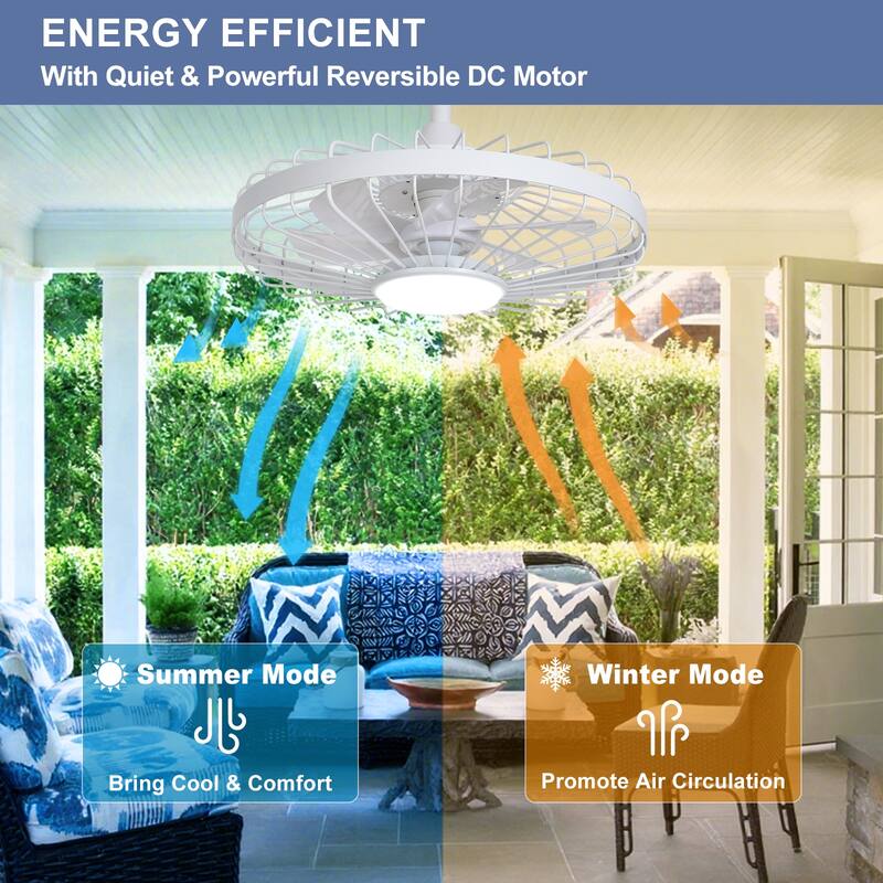 Outdoor Ceiling Fan with Light: 20 Inch Waterproof Gazebo Hanging - Plug in Remote App Control Caged Fans - 6 Speed Black
