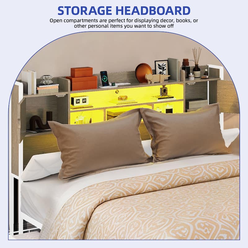Queen/King Upholstered Bed Frame with RGB LED Lights & Storage Bookcase Headboard
