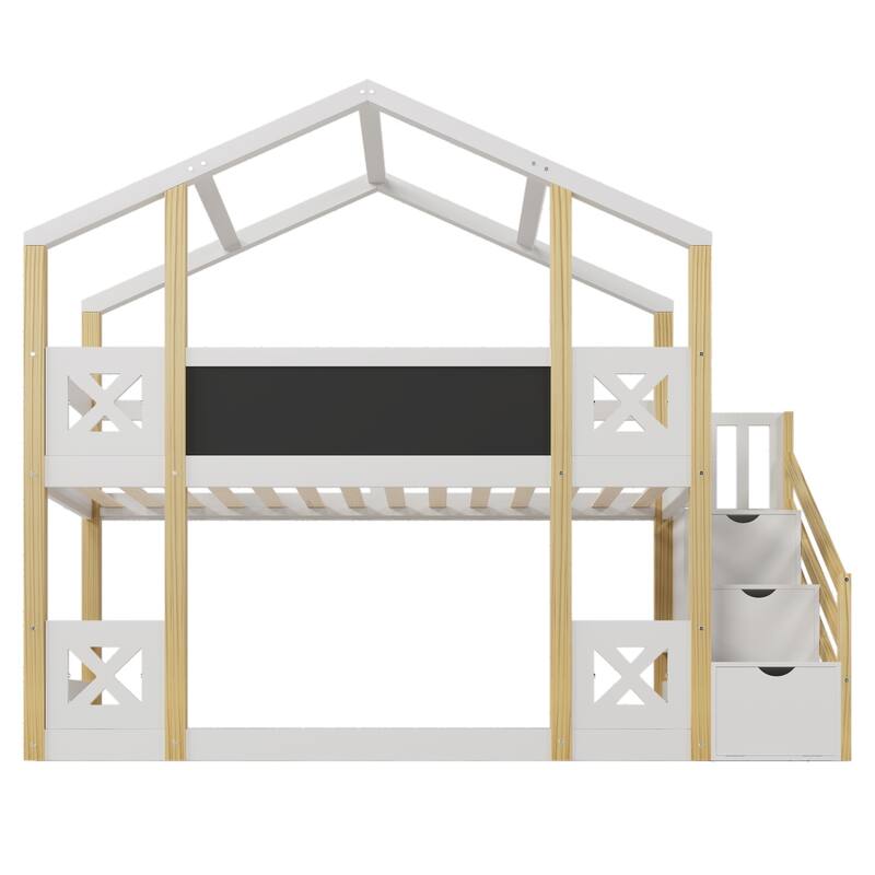 Twin Wood Bunk Bed with Blackboard, Storage Staircase, and Guardrails