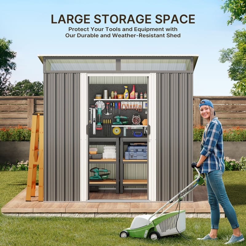 6' x 4' / 8' x 6' Outdoor Storage Shed, Galvanized Metal Garden Shed with Double Lockable Doors