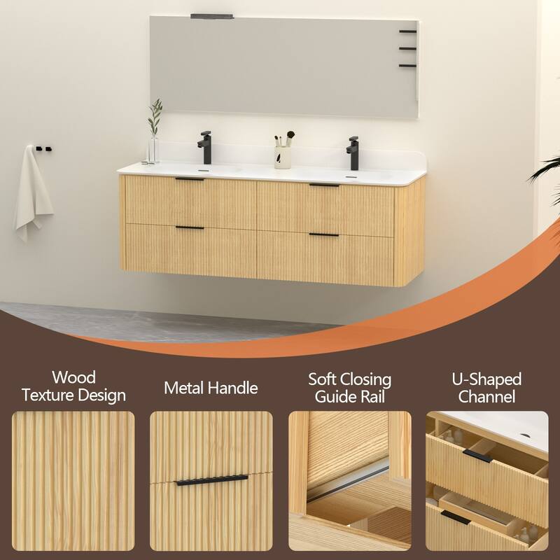 60" Floating Bathroom Vanity with Integrated countertop Rectangulare Sink Solid Wood