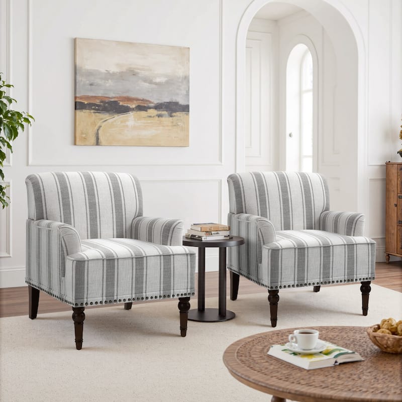 Set 2 Striped Upholstered Linen Armchair with Brass Nailhead Trim - GRAY STRIPED