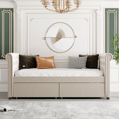 Twin Size Daybed with Storage Drawers, Upholstered Fabric Frame
