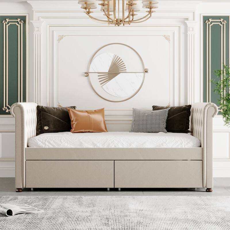 Twin Size Upholstered Daybed with Drawers, Wood Slat Support, and Elegant Design