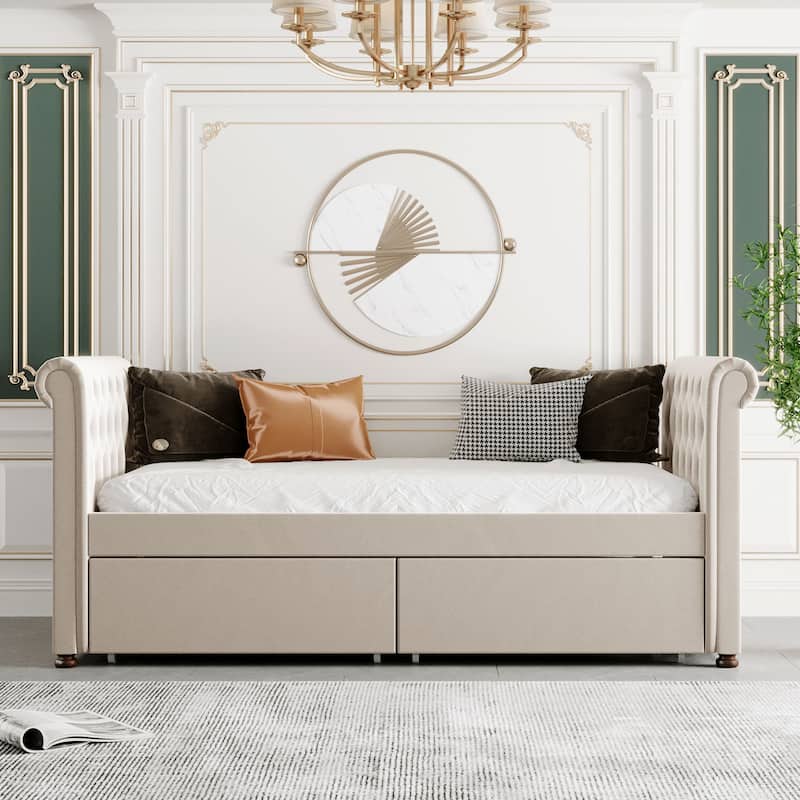 Twin Size Upholstered daybed with Drawers, Wood Slat Support, Beige - Beige
