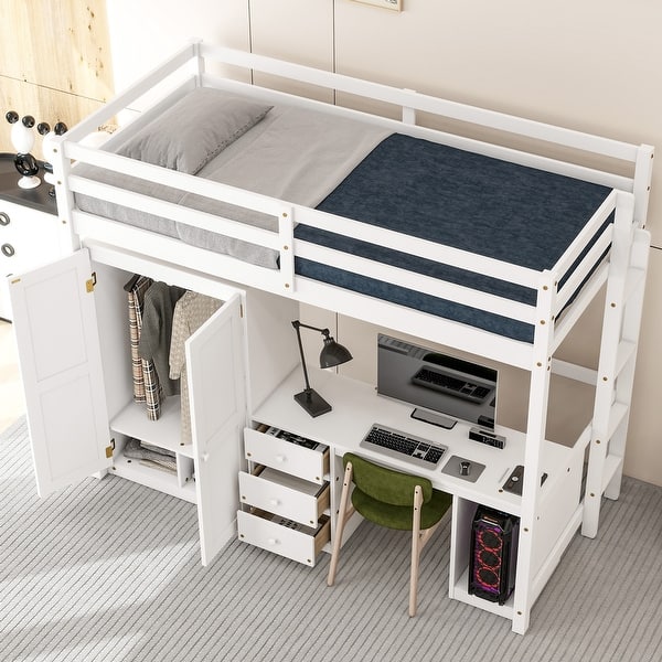 slide 2 of 35, Twin Size Loft Bed with Desk,Storage Drawers and Wardrobe,Rustic Design White