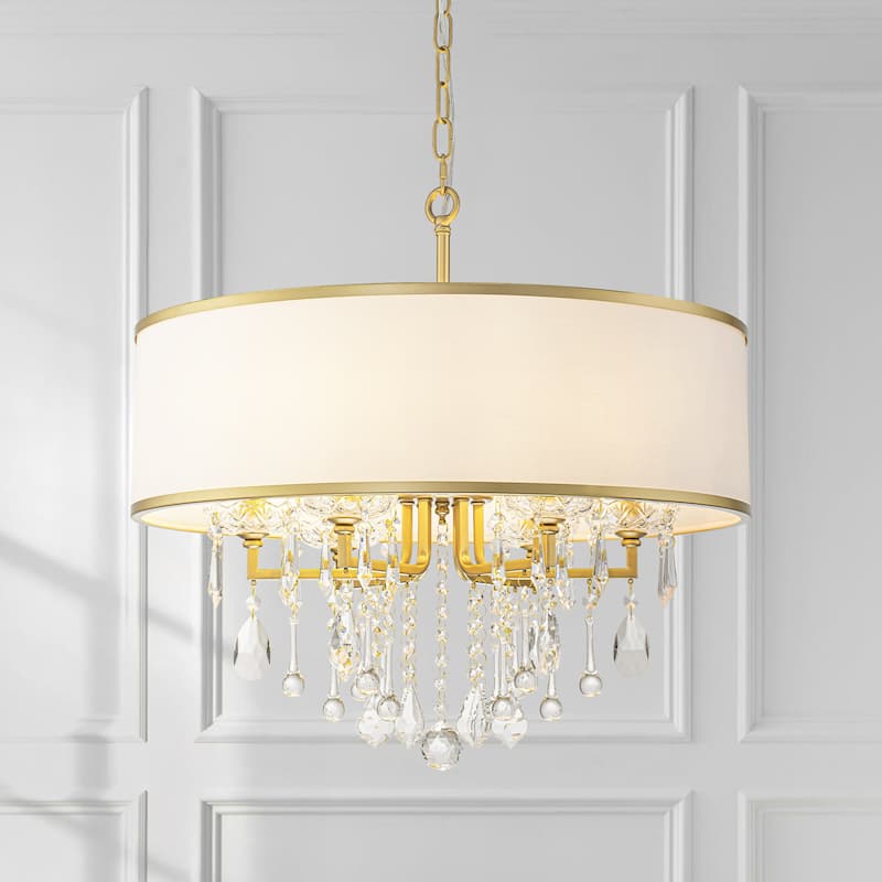 6-Light Modern Elegant Gold Drum Fabric Shade Adjustable Height with Crystal Accent Chandelier for Dining Room & Bedroom